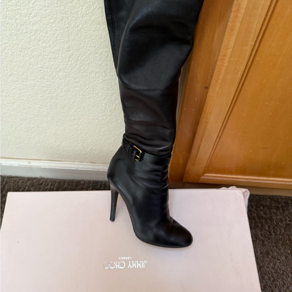 Black leather over knee boots, genuine leather